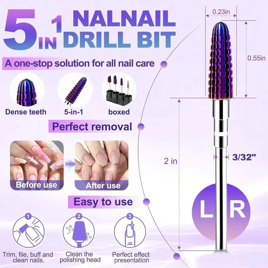 Purple 5 in 1 Nail Drill Bits Drills Milling Cutter for Manicure Remove Gel Acylics Nails Accessories Tool Vue