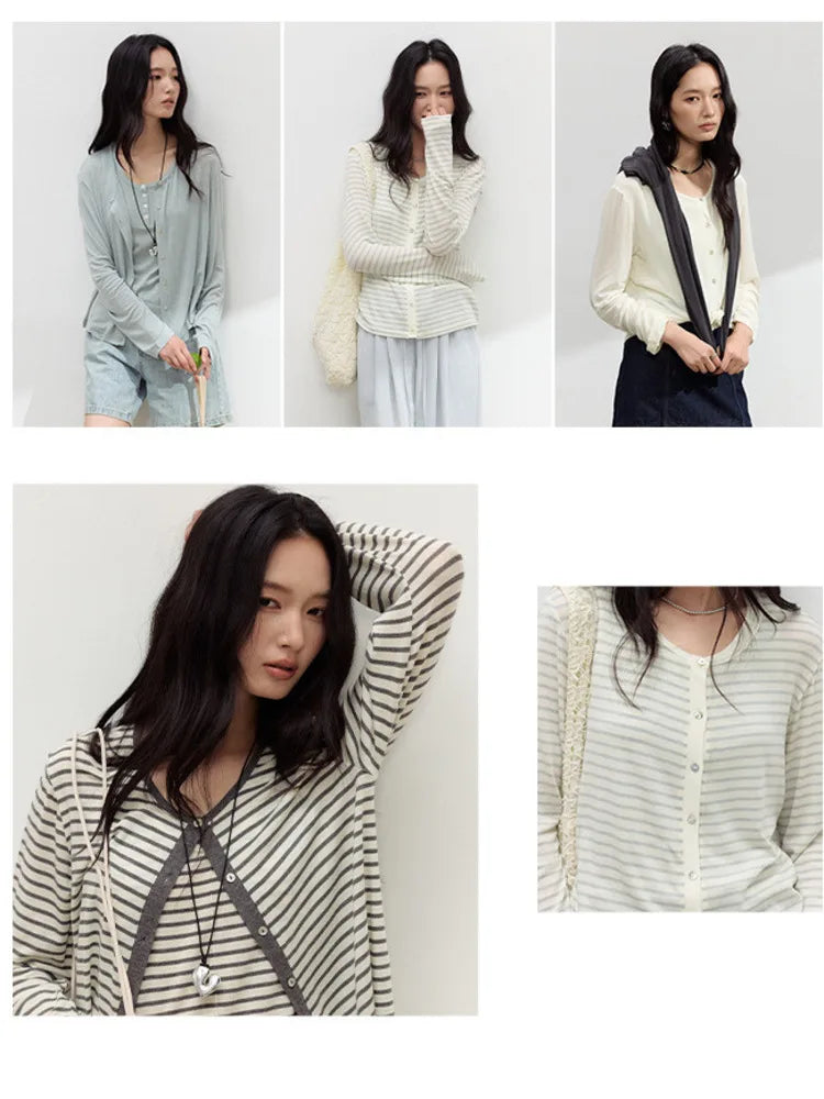 Striped Linen Cardigan for Women, Button Down Shirt, Summer Blouse, Breathable Thin Fabric, Daily Office Vue