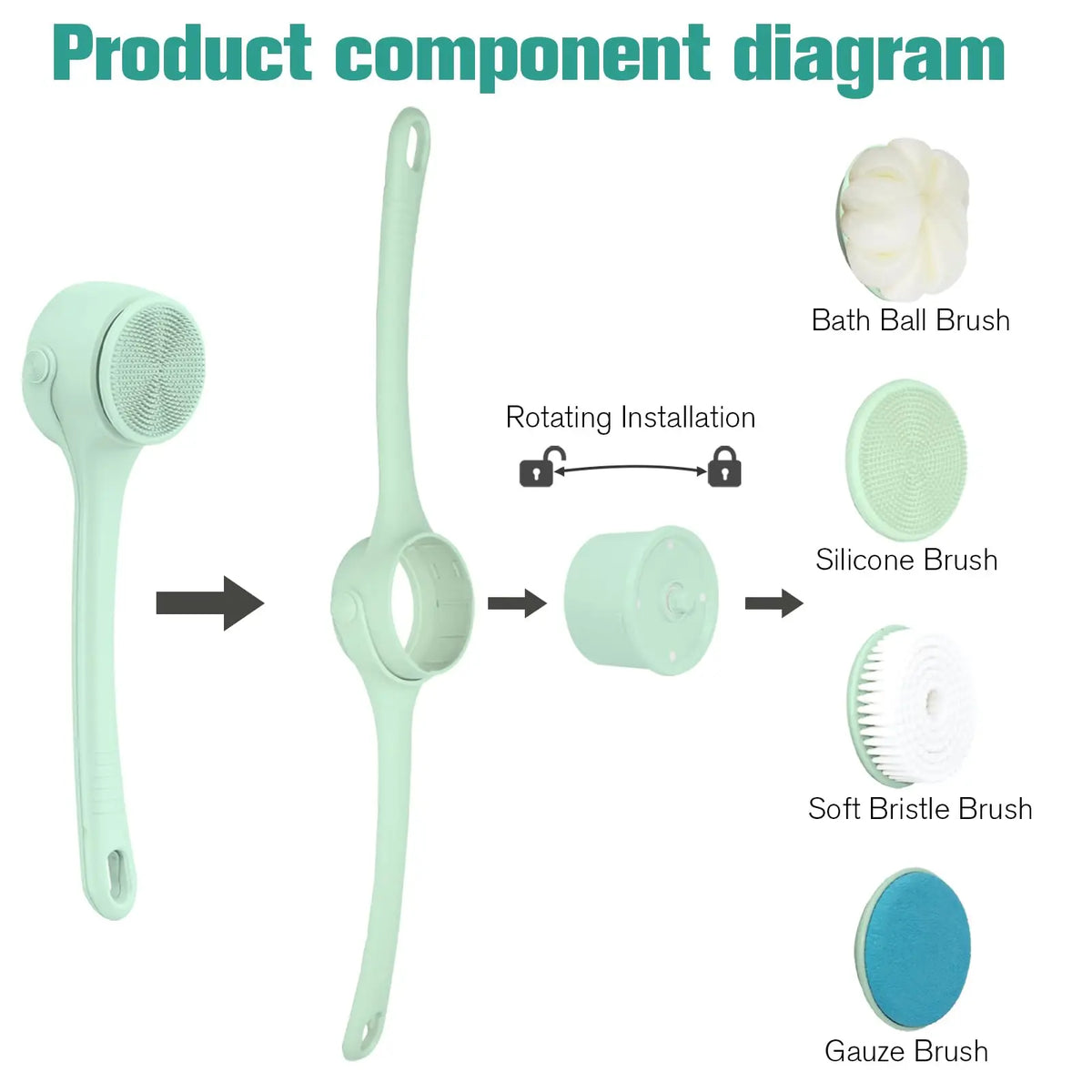 Electric Body Brush 4 Heads Waterproof Long Handle Shower Back Scrubber USB Rechargeable Exfoliating Bath Cleaning Brush Vue