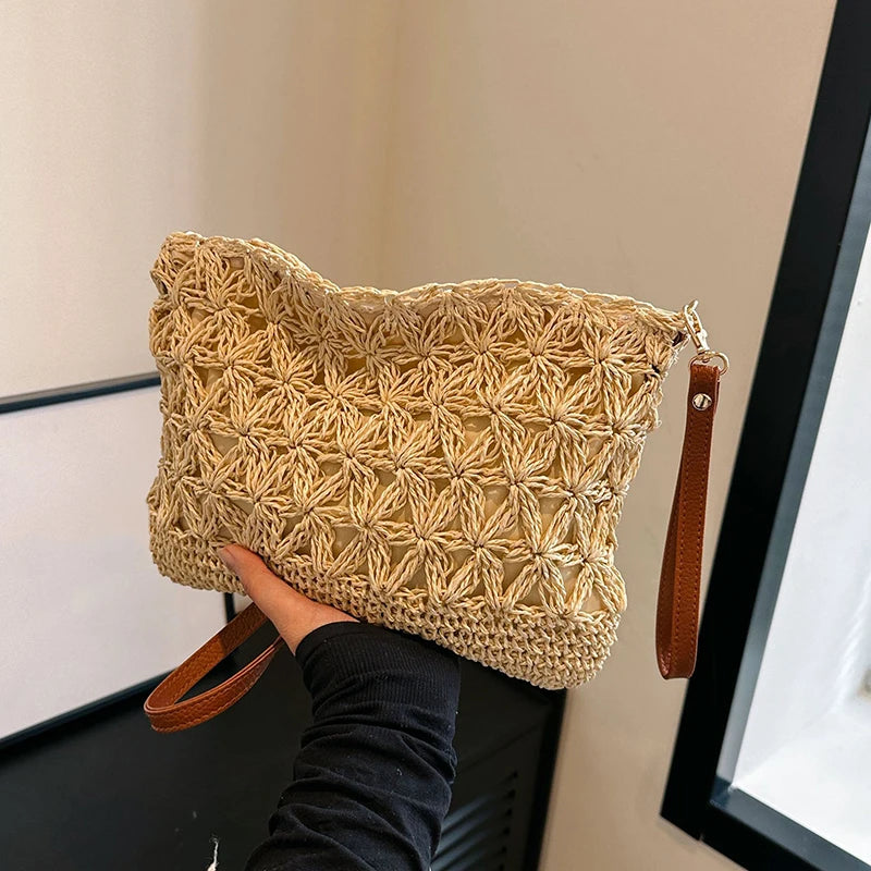 Summer Beach Women Straw Rattan Weave Shoulder Crossbody Bag Hollow