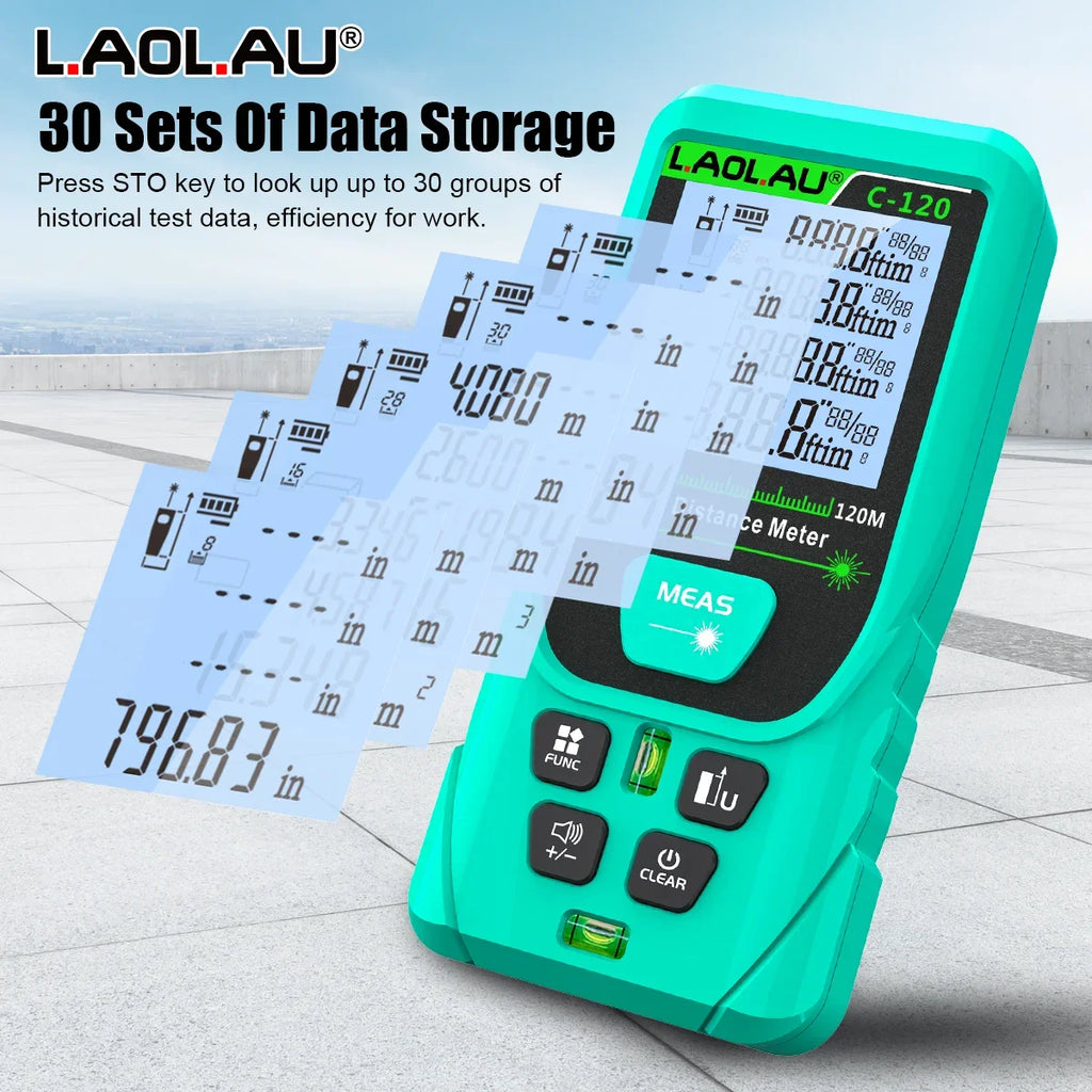 LAOLAU Digital Laser Range Finder RED/Green Laser Beam Meter High Precision Measuring Tools Backlit Screen IP54 Waterproof Vue