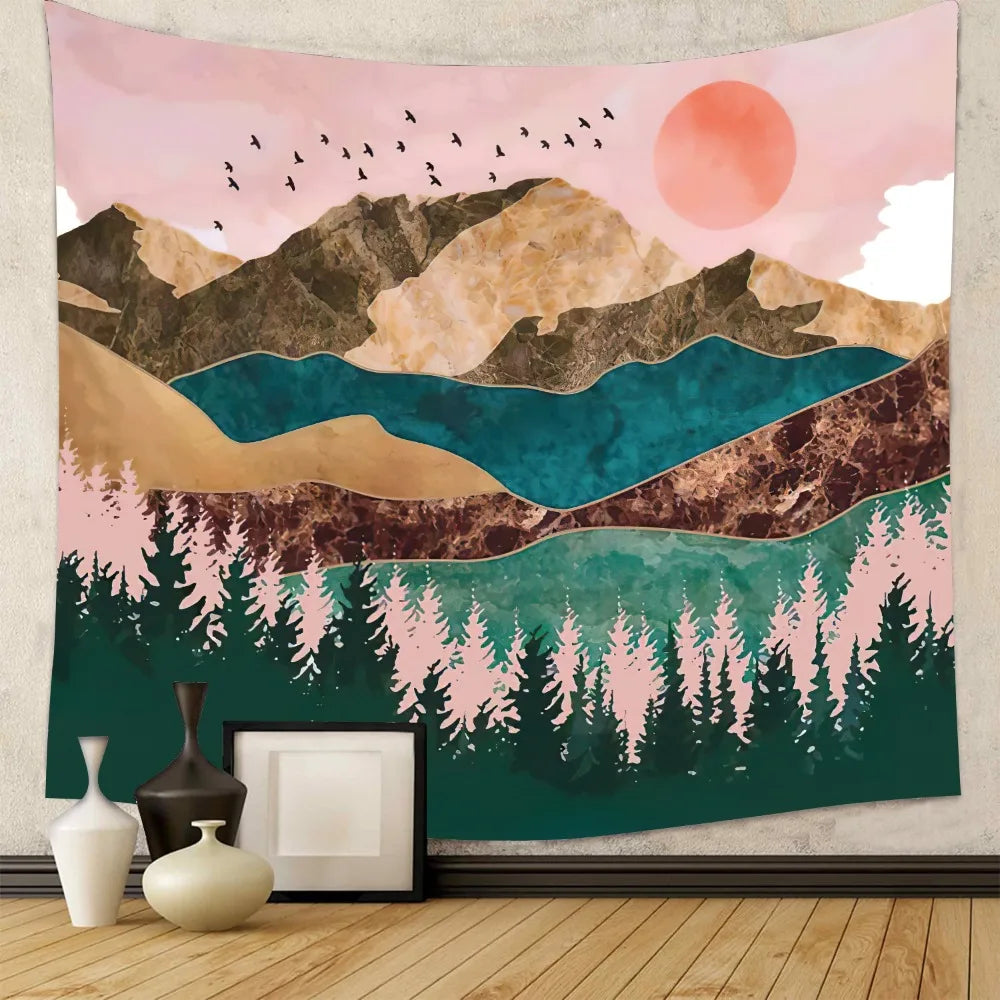 Mountain Tapestry Forest Tree Sunset Nature Landscape Tapestry Abstract Art Room Decoration Background Wall Cover Vue