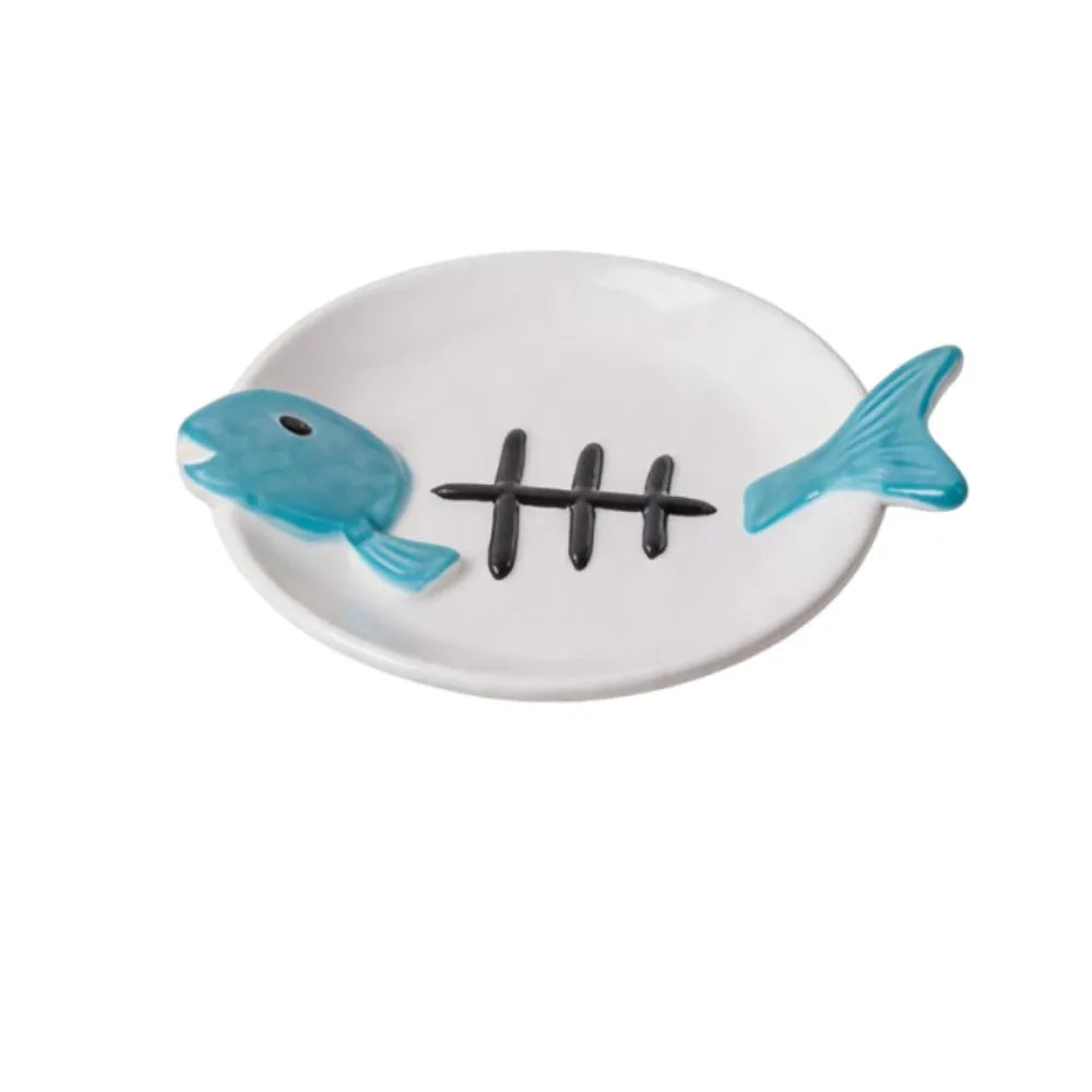 Cat Basin Ceramic Elevated Cat Bowl Fish Bones Anti-Vomiting Pet Food Water Bowl Anti Slip Cute Raised Pet Feeder Wet Dry Food Vue Blue