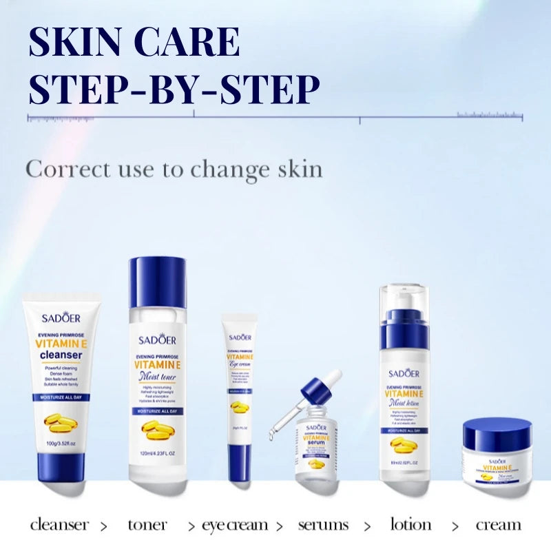 Sadoer Evening Primrose Vitamin E High Moisturizing and Hydrating Six-Piece Set, Deeply Cleanses the Skin, Removes Oil from the Skin, Makes the Skin White and Translucent, Soothes and Softens the Skin, Nourishes and Moisturiz Vue