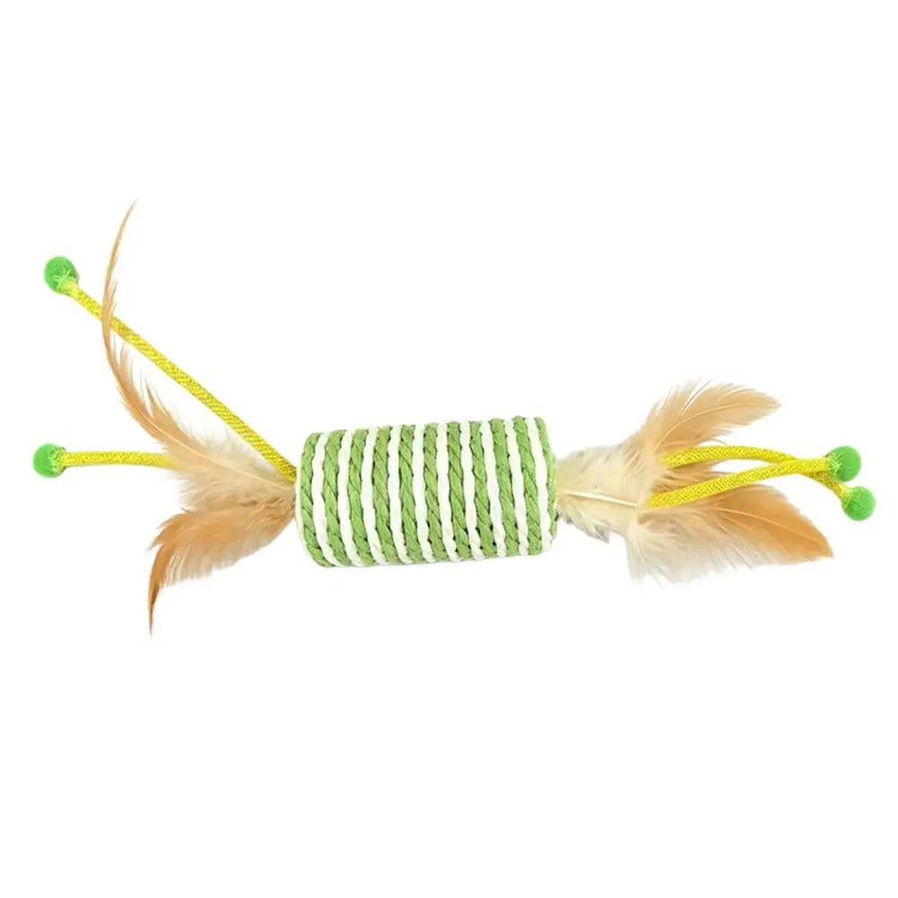 Interactive Cat Rope Roller Toy Feather Teaser Scratching Pillar Bite Resistant Green Striped Rope Roller Pet Kitten Supplies Vue 1PCS CN