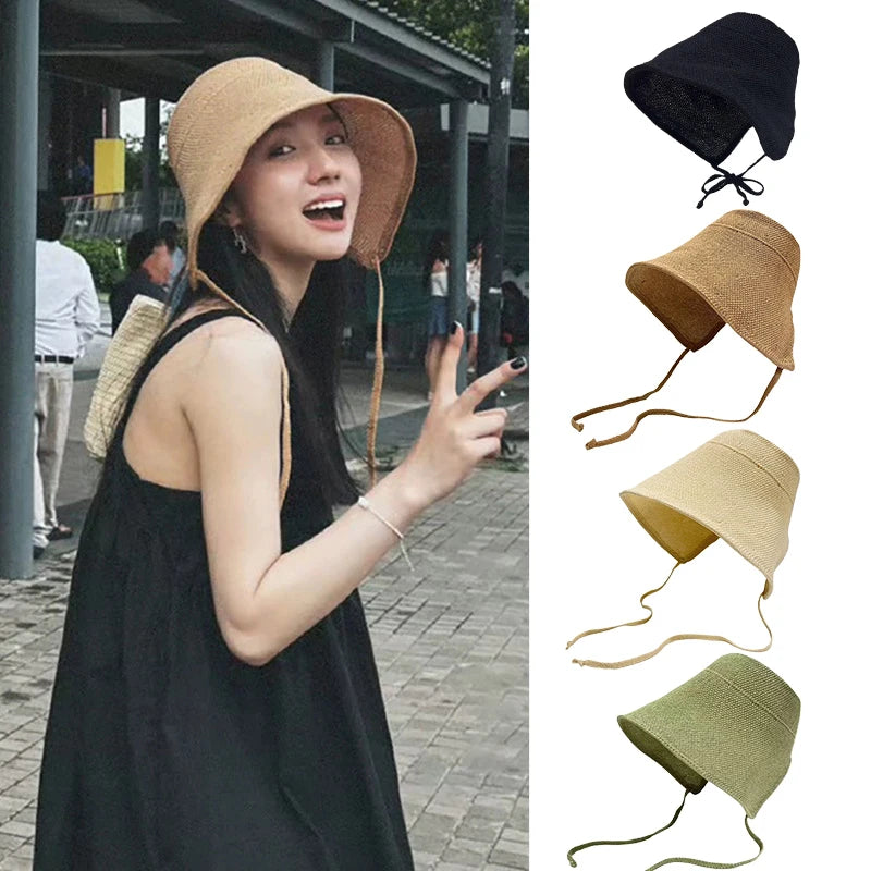 Linen Straw Regency Bonnets Hats For Women Sun Hats Bow Beach Cap Big Wide Brim Cloche Hat Chapeau Femme Lace Up Outdoor Summer Vue