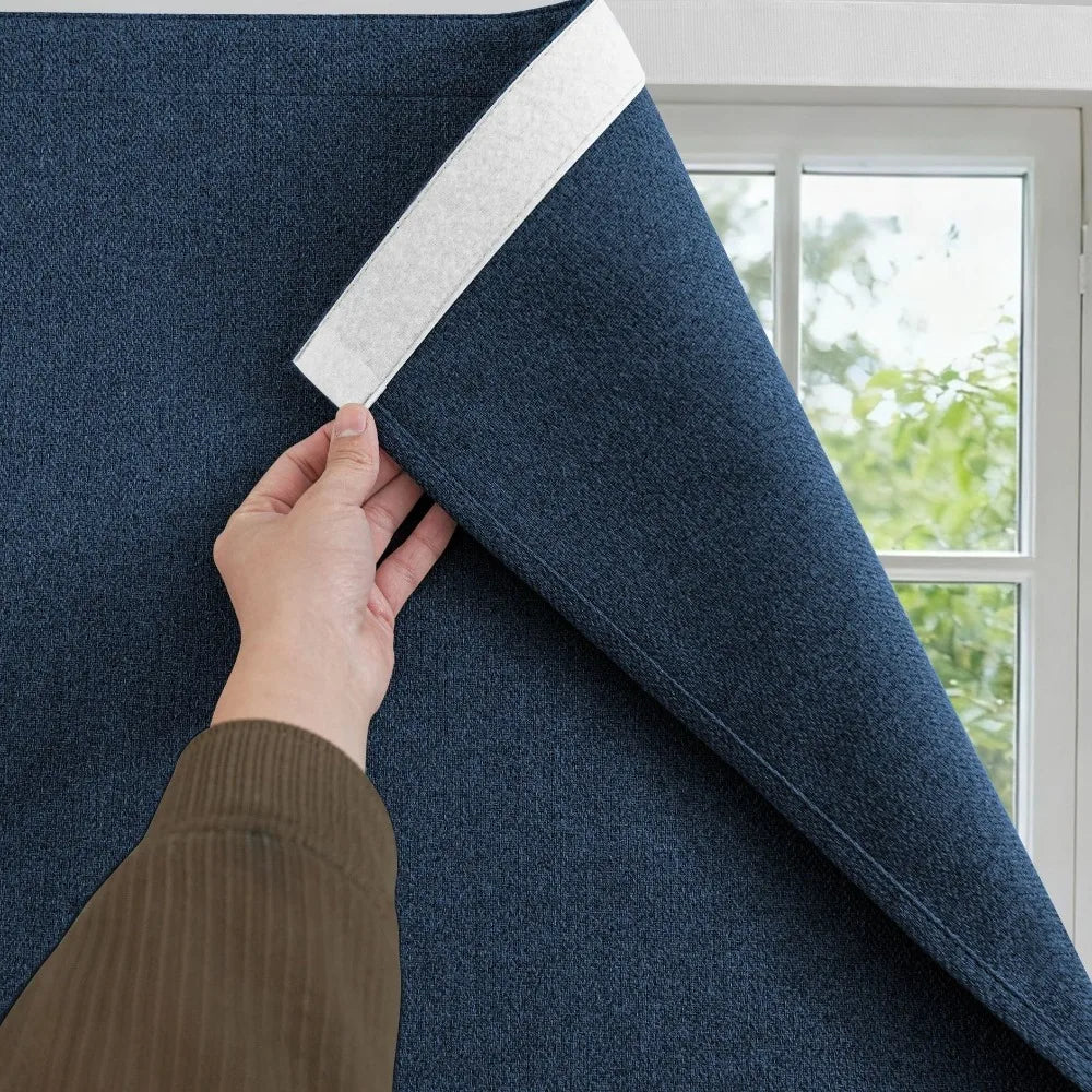 Self-Adhesive Blackout Curtains Light Blocking UV Protection Magic Tape Curtain Dust-proof Imitation Linen Texture Window Shade Vue Dark-35.04x35.83in