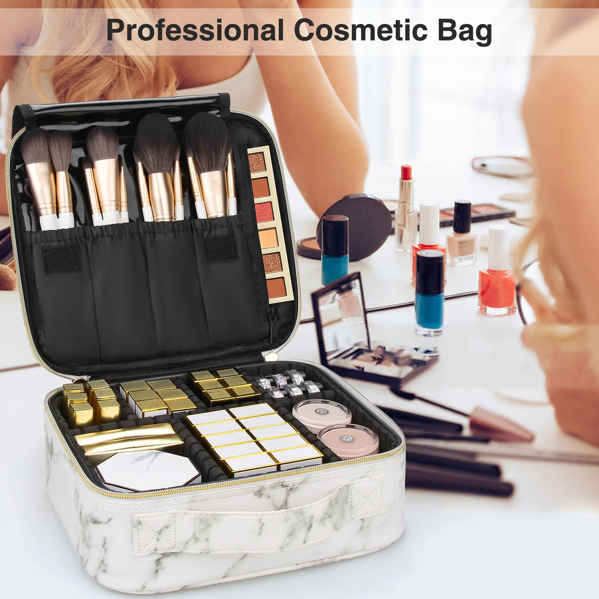 PU Makeup Bag Marble Pattern Portable Large Capacity Makeup Storage Bag Multi functional Travel Makeup Toolbox Vue