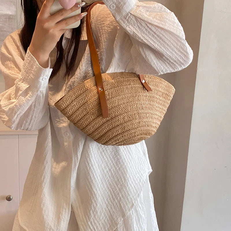 Women Braided Basket Top-handle Bag Large Capacity Straw Portable
