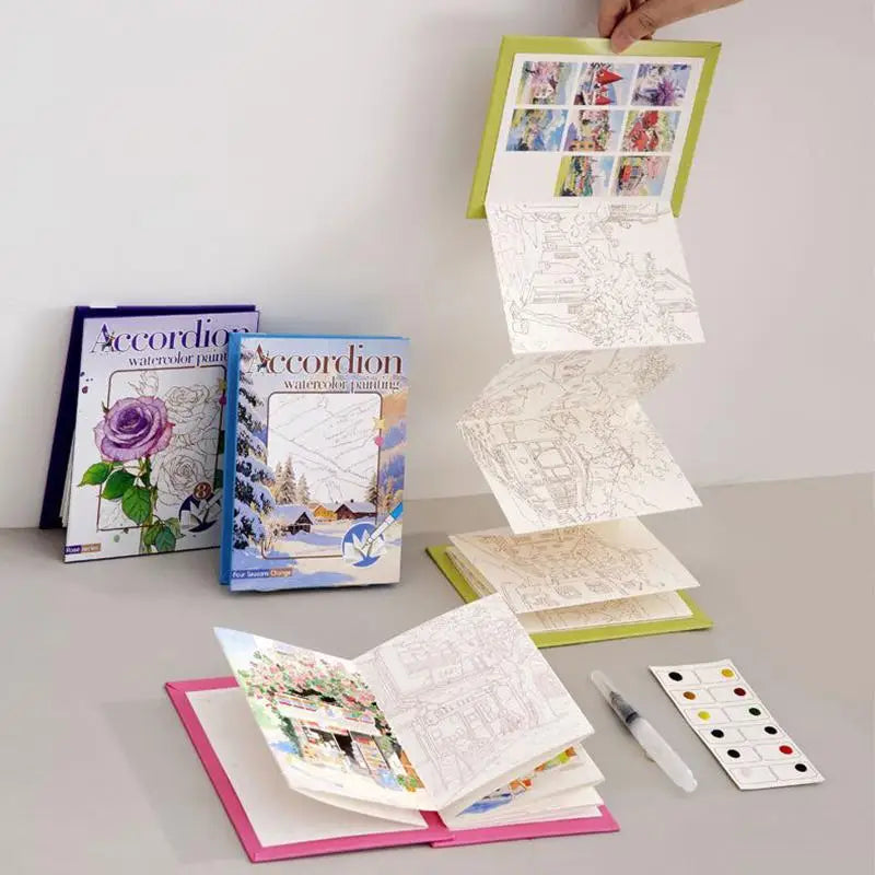 Portable Watercolor Coloring Book for Kids Foldable Art Drawing Sketch Pad Graffiti Notebook for Educational Travel Activities Vue