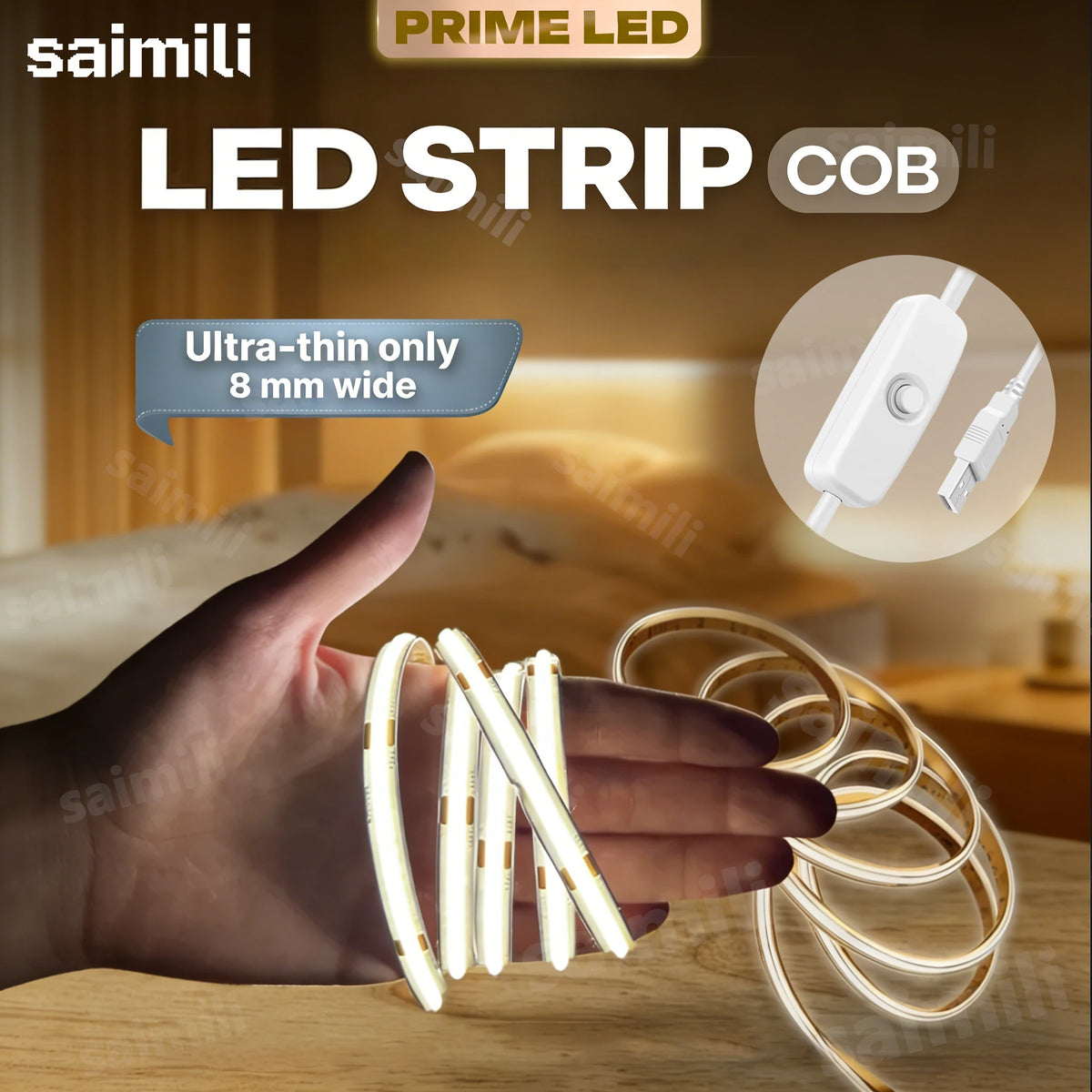COB LED Light Strip Waterproof Flexible LED Tape with Button Switch for Room TV Mirror Backlight Cabinet Adhesive Light Vue
