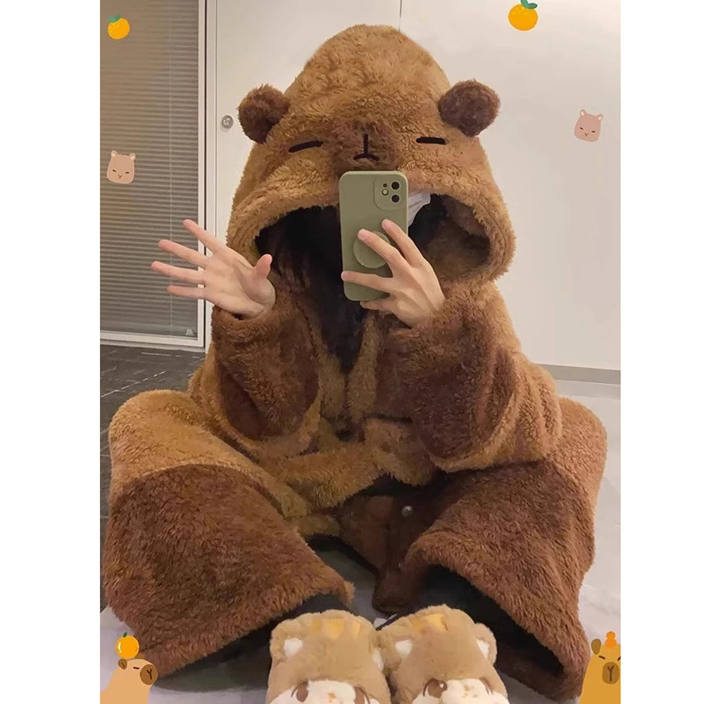 Winter Warm Flannel Nightgown Cute Long Sleeve Fleece Sleeping Dress Coffee Capybara Cosplay Hooded Sleepwear Bathrobe For Women Vue