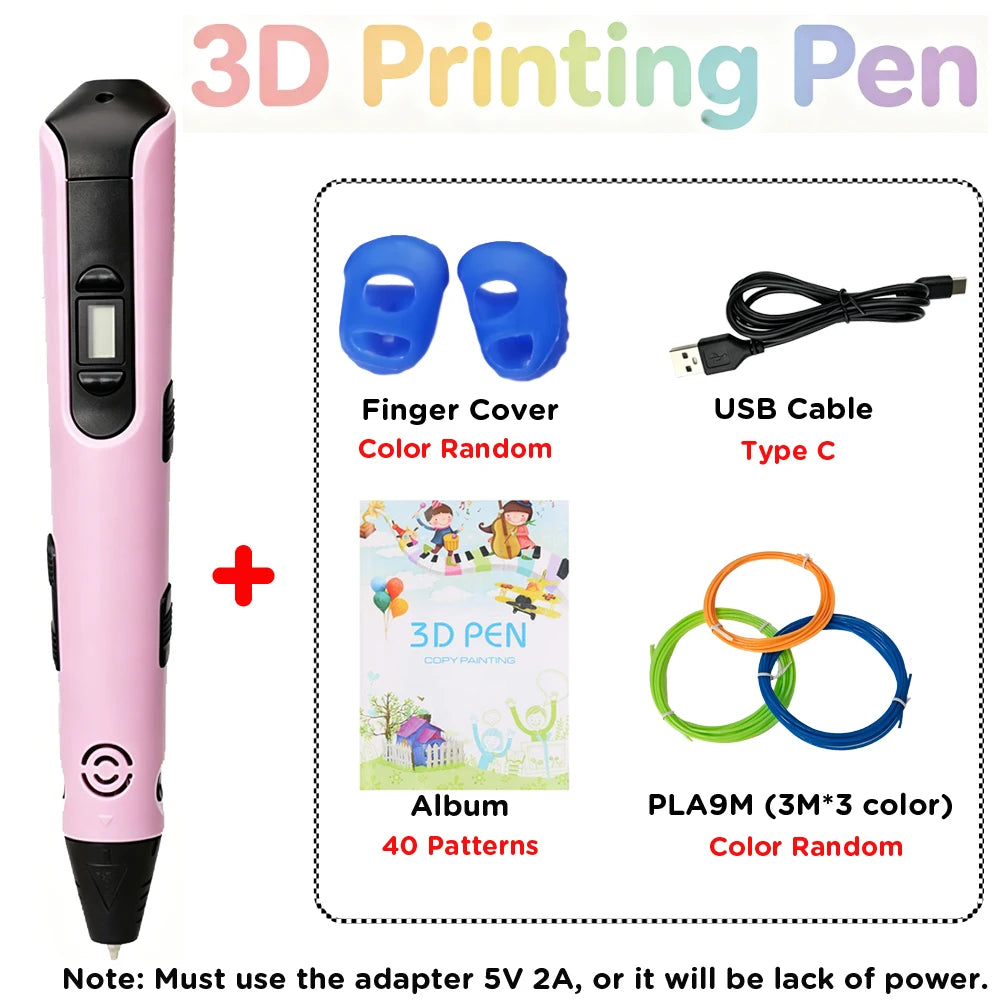 New 3D Printing Pen 1.75mm PLA Children 3D Pen Type C Cable 0.7mm Diameter Material Kids DIY Drawing Pen Boy Girl Birthday Gifts Vue Pink 9M PLA set PLA Filagment