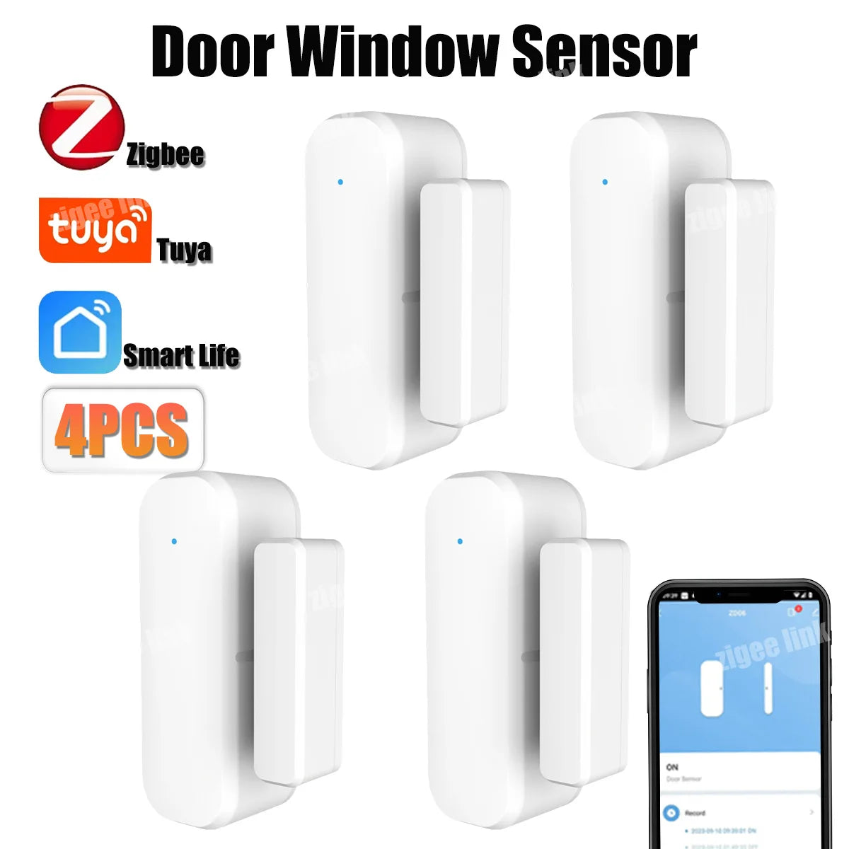 4pcs Zigbee Door Window Sensor Open Closed Detector Wireless Security Burglar For Tuya Smart Home Alarm Protection Need Gateway Vue 4 PCS