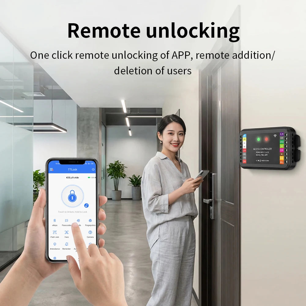 DC12-24V Dual Frequency Access Control Controller Smart TTLOCK APP Remote Unlock 2-Door Interlock WG 26/34 Input Relay Output Vue