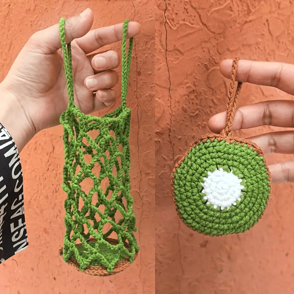 Key Chain Hand Woven Fruit Shaped Mesh Bag Folding Reusable Coffee Cup Holder Handheld Small Item Storage Bag Umbrella Storage Vue