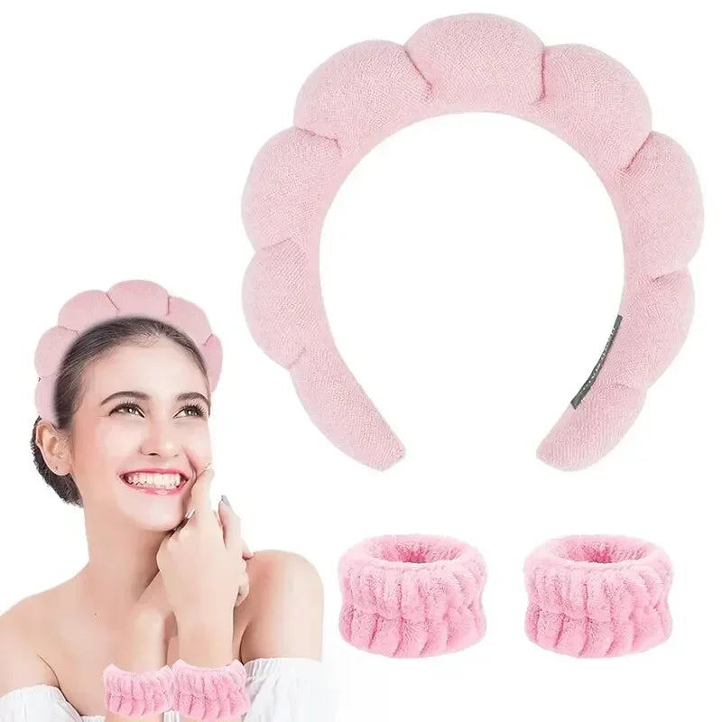 3PCS Face Headbands Sponge Hair For Women Puffy Bands Cuff Wristbands Waterproof Bands Absorbent Women Hair Accessories Set Wash Vue M121 Pink
