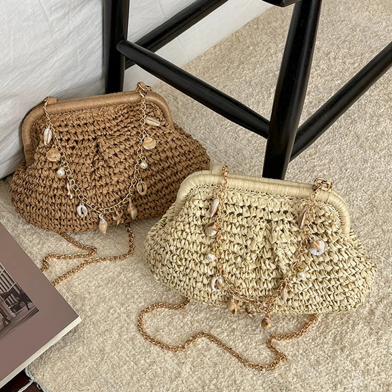 Summer Straw Weaving Crossbody Bag Fashionable Shell Women's Chain