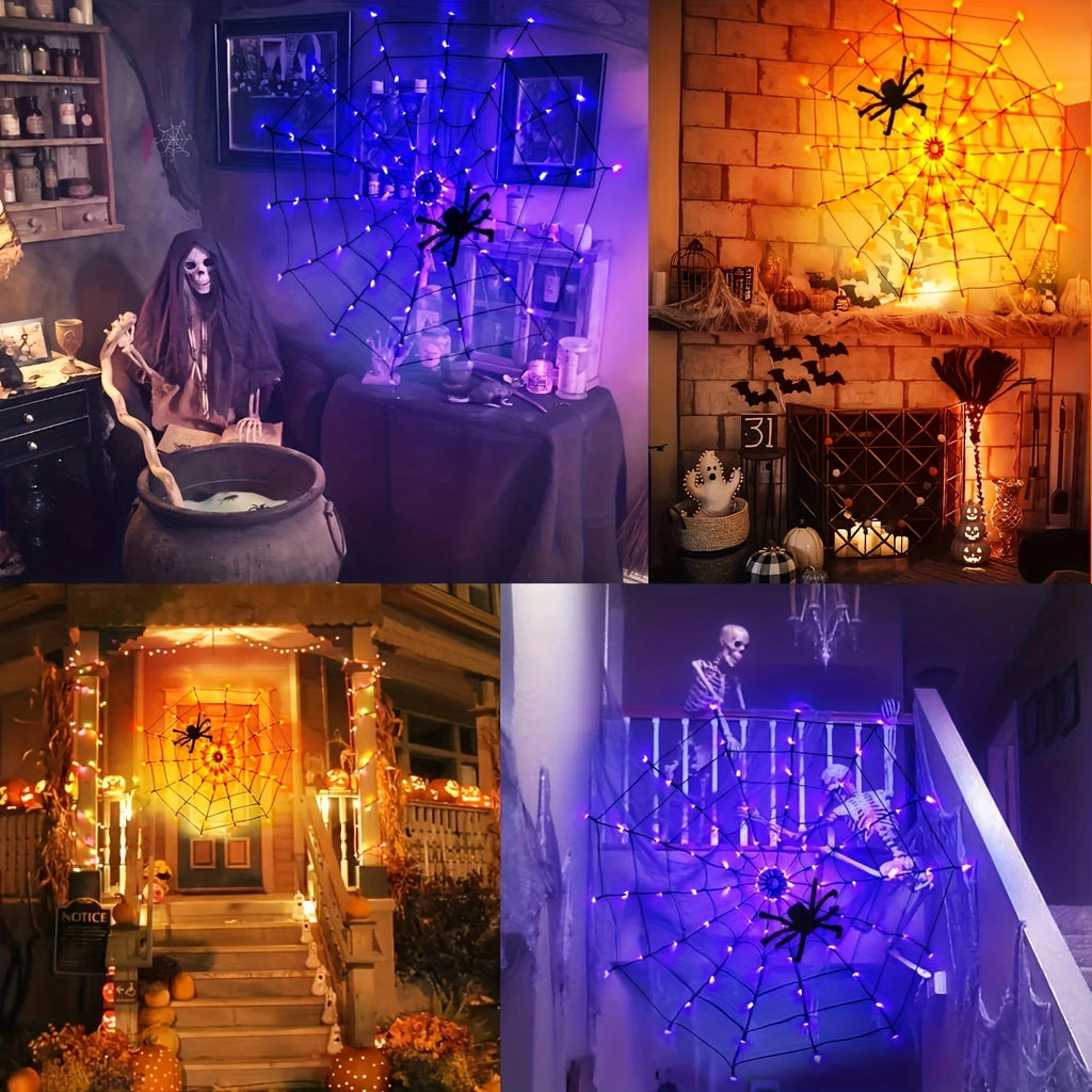 Halloween Spider Web Glowing Lamp 70LED Battery Powered 8 Modes For Haunted House Scene Ghost Festival Home Party Holidays Decor Vue