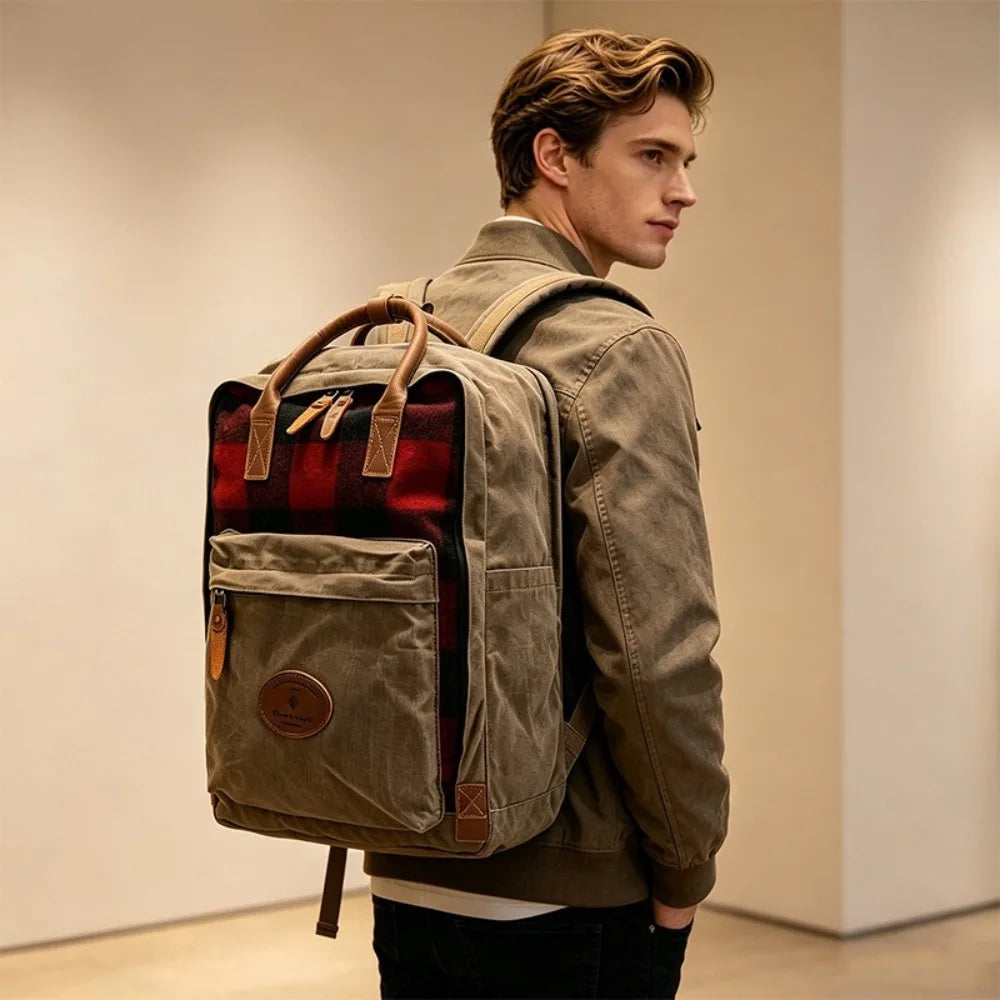 Popular Oil Wax Canvas British Plaid Backpack Men's Large Capacity Thickened Wear-resistant Trend Vue