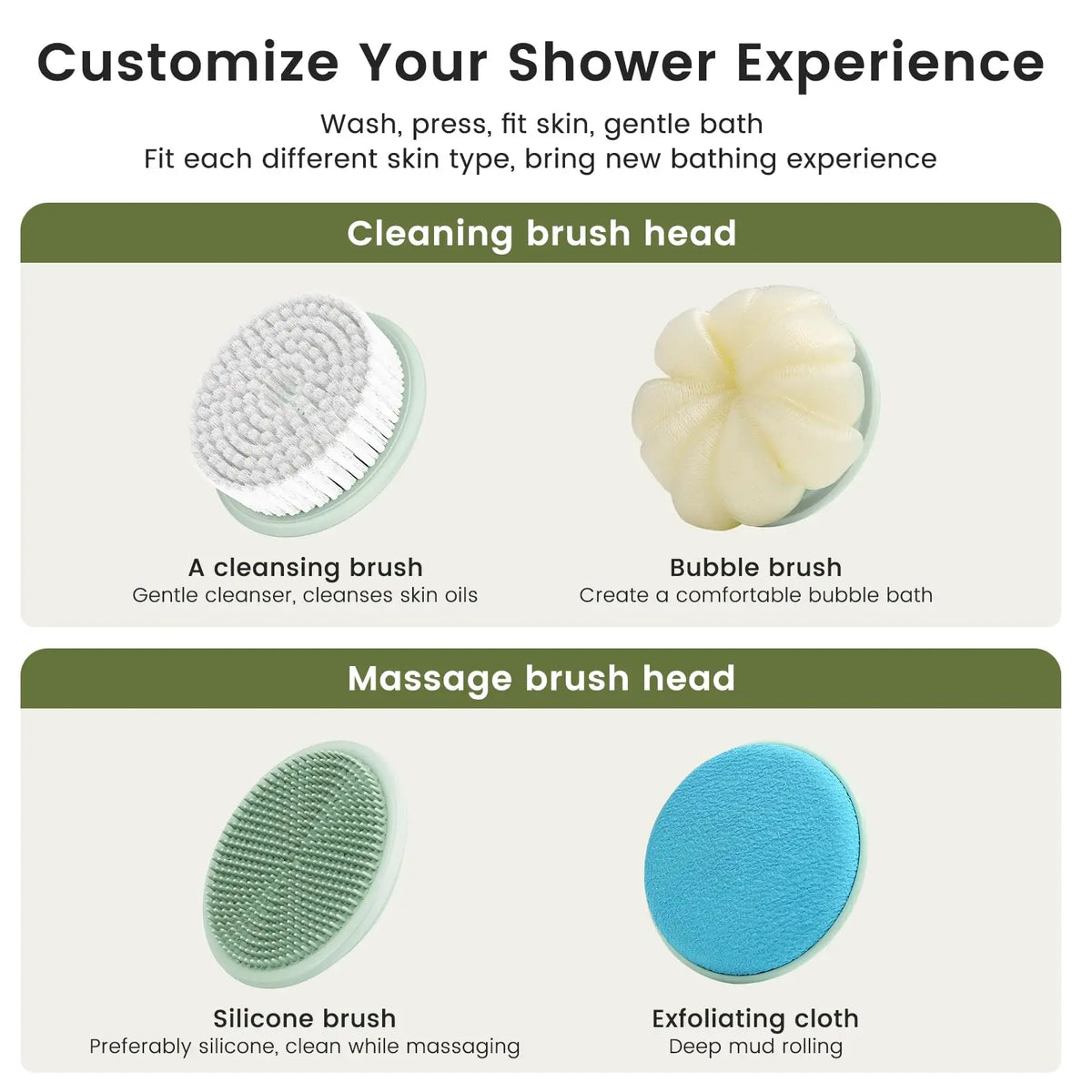 Electric Body Brush 4 Heads Waterproof Long Handle Shower Back Scrubber USB Rechargeable Exfoliating Bath Cleaning Brush Vue