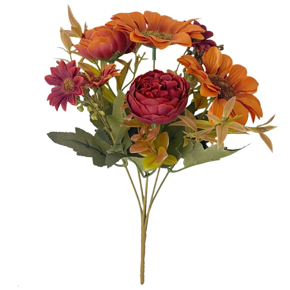 Rustic Fall Autumn Sunflower Peony Bouquet UV Resistant Mixed Floral Vintage Fall Artificial Flower Bunch Real Touch No Wilting Vue Dark Coffee