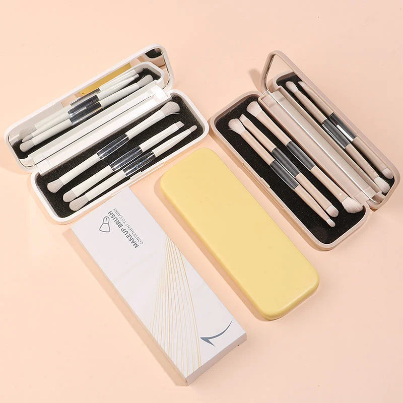 Portable Travel Eyeshadow Brush Kit 3pcs Dual Head Blending Shading Concealer Makeup Brushes with Built-in Mirror Storage Box Vue