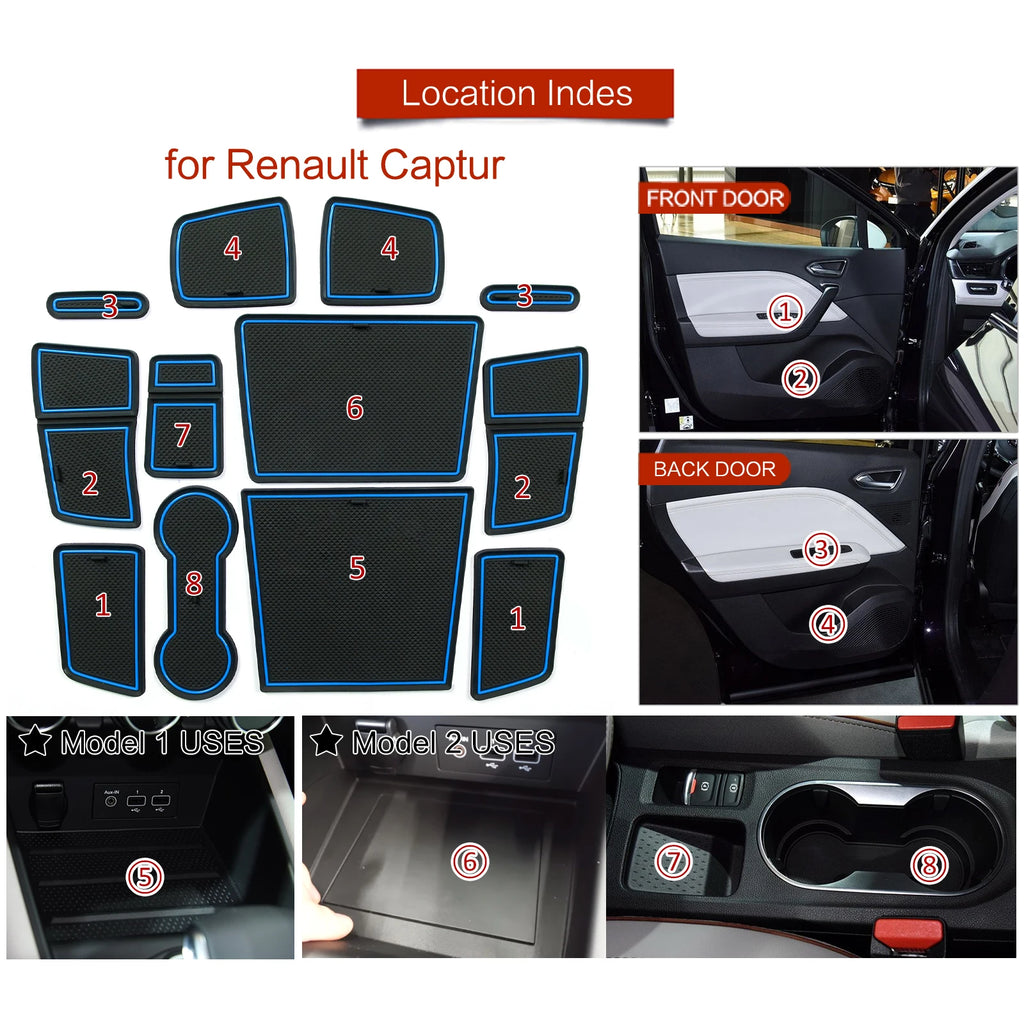 Smabee for Renault Captur 2 (Electronic Parking Brake Only) 2019-2023 Anti-Slip Gate Slot Cup MatDoor Groove Pad Accessories Vue