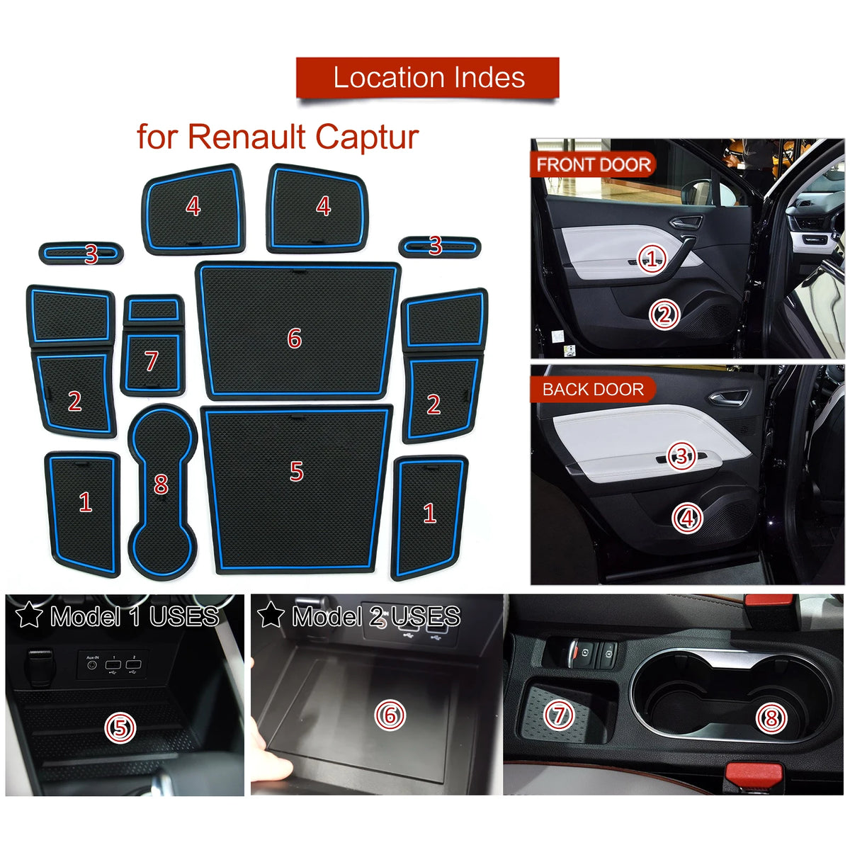 Smabee for Renault Captur 2 (Electronic Parking Brake Only) 2019-2023 Anti-Slip Gate Slot Cup MatDoor Groove Pad Accessories Vue