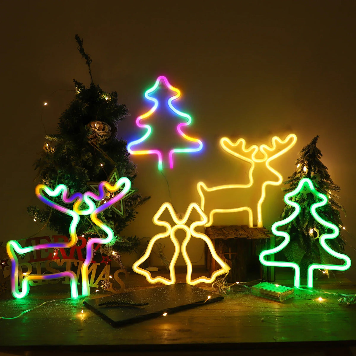 LED Christmas Socks Neon Sign Light Lamp Colorful Wall Lights Hat Bells Christmas Tree Snowflake Elk Ornaments Decor Room Party Vue