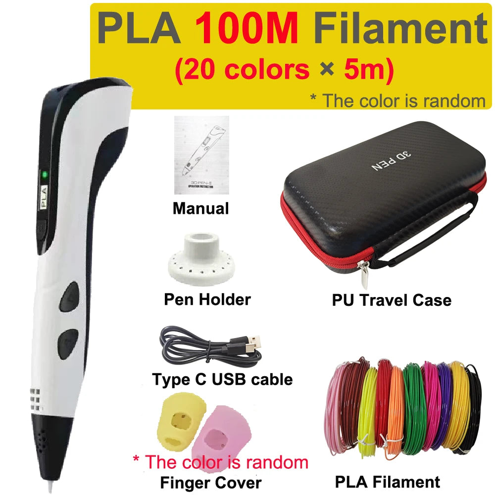 New 3D Printing Pen 3D Pen for Children 1.75mm PLA Filament DIY Drawing Birthday Christmas Gifts for Kids with Travel Case Vue White-100mPLA add EU adaper