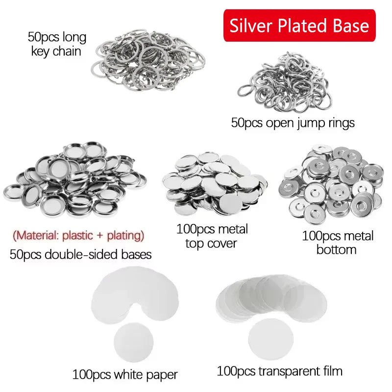 50Pcs/Set DIY Double-Side Key Parts Ring Badge Button Making Parts 25mm 32mm 37mm Round Badge Keychain Pendant DIY Material Vue Silver Plated Base 37mm