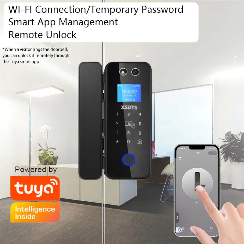 3D Glass Facial Recognition Office Smart Lock, Tuya WiFi Smart Door Lock with Palm Vein, Fingerprint, Password, IC Card Multiple Vue
