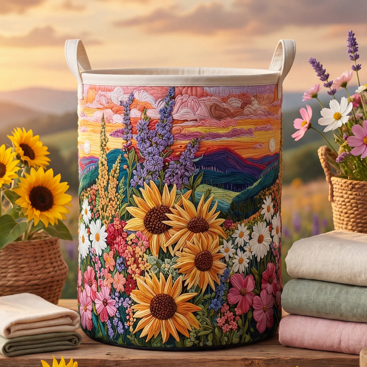 Foldable Boho Quilted Laundry Hamper Basket with Handles Laundry Hamper Basket Vue