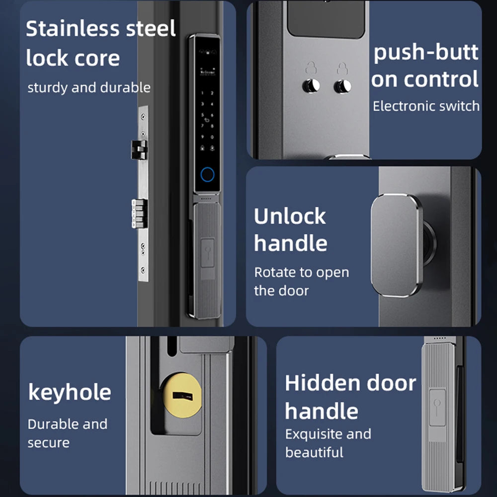 WIFI Support Tuya App Narrow Waterproof Facial Recognition Fingerprint Lock RFID Card Code Keyless Video Call Electronic Lock Vue