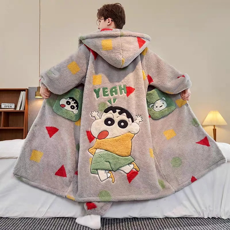 Pajamas Autumn And Winter Men'S Fleece Thickened Coral Fleece Bathrobe Cartoon Character Capybara Conan Bathrobe Set Vue
