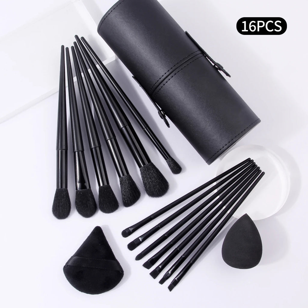 16Pcs Black Makeup Brush Kit with Storage Holder & Powder Puffs, Soft Fluffy Brushes Premium Black Synthetic Brushes for Full F Vue
