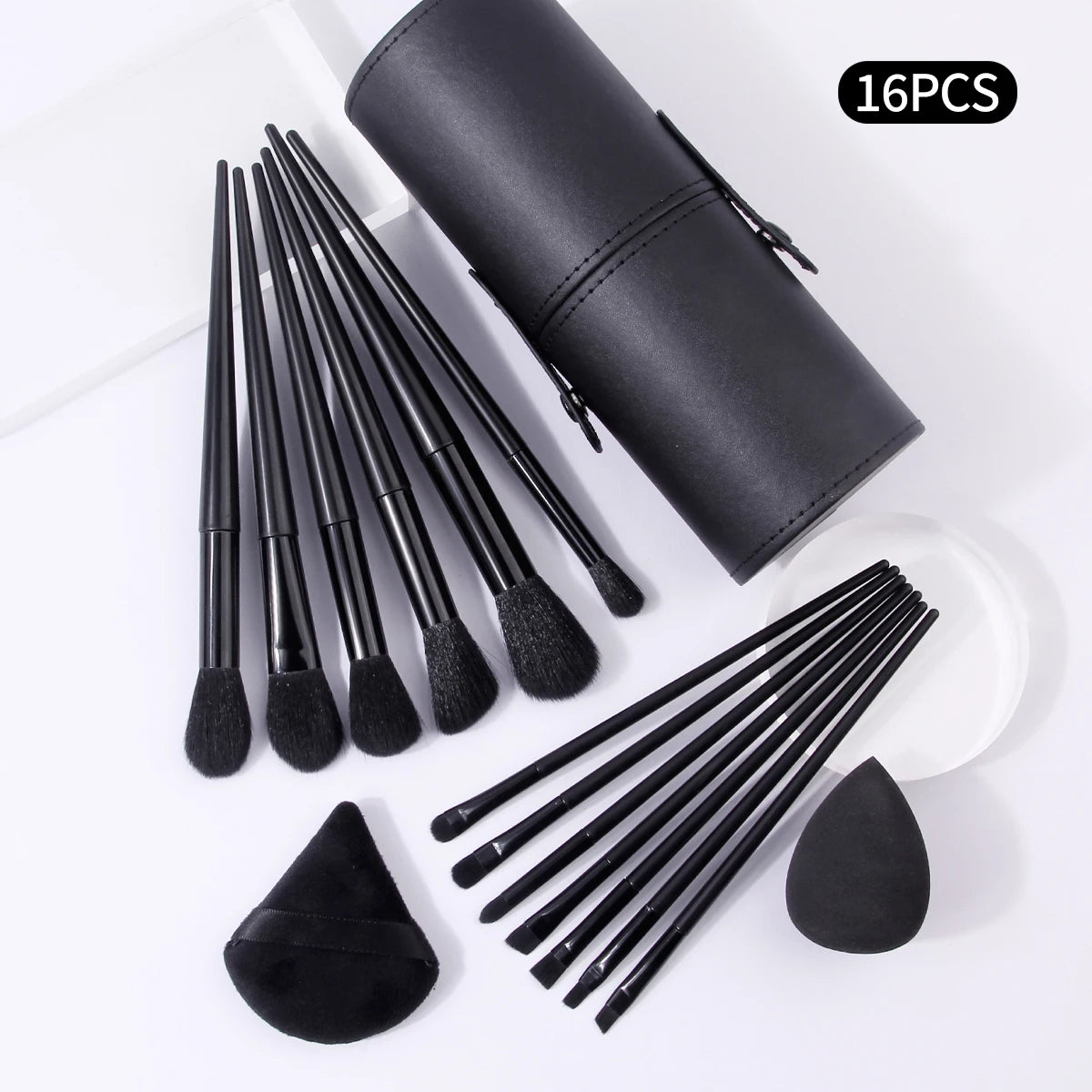 16Pcs Black Makeup Brush Kit with Storage Holder & Powder Puffs, Soft Fluffy Brushes Premium Black Synthetic Brushes for Full F Vue
