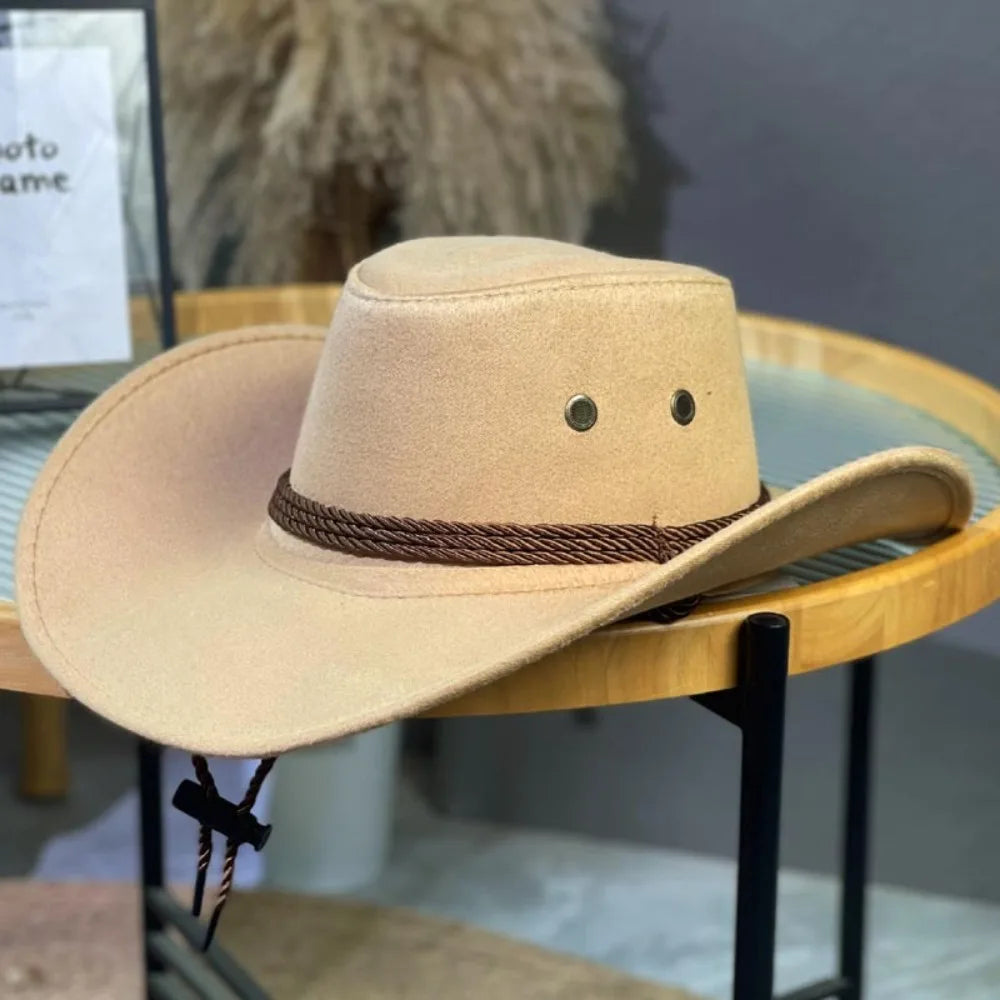 Fashion Western Cowboy Hat Ethnic Large Brim Felt Fedora Hats Vue Beige