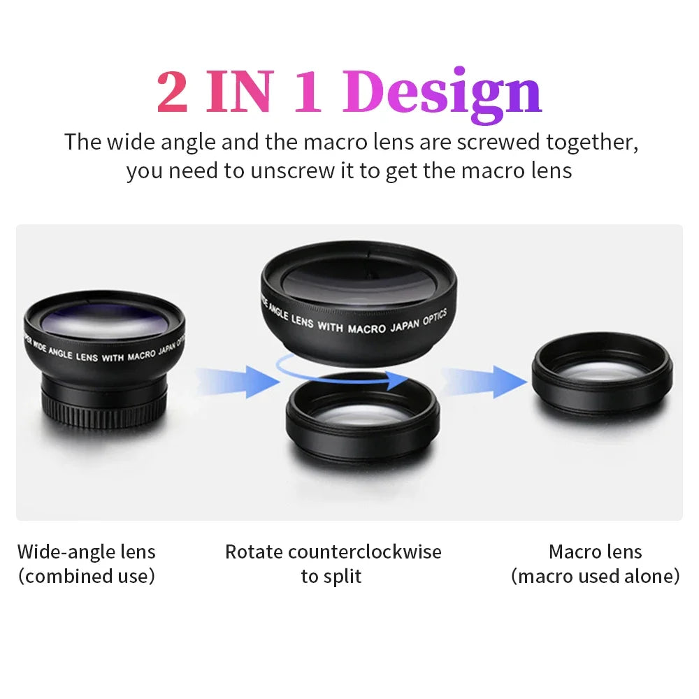 Universal 2 IN 1 Lens Clip 37mm Mobile Phone Lens Professional 0.45x 49uv Super Wide-Angle + Macro HD Lens for iPhone Xiaomi 12 Vue
