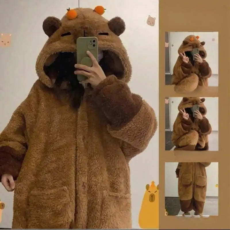 Hot Cute Capybara Winter Pajama Cartoon Animal Soft Plush Jumpsuit For Adults Kawaii Velvet Pajama Night Robe Cosplay Suit Vue