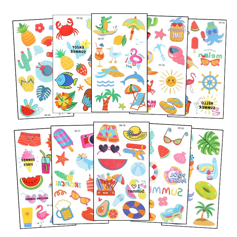 10 pieces of temporary summer party tattoo stickers, featuring Hawaiian tropical cartoon style, made of paper, suitable for deco Vue