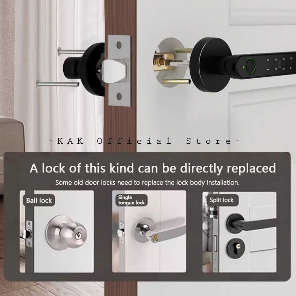 KAK Tuya Handle Fingerprint Key Card Digital Smart Door Lock Keypad Key Entry Electronic Lock 180 Days Super Long Standby Time Vue