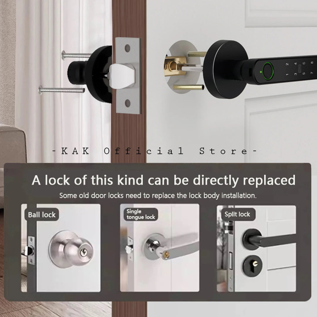 KAK Tuya Handle Fingerprint Key Card Digital Smart Door Lock Keypad Key Entry Electronic Lock 180 Days Super Long Standby Time Vue