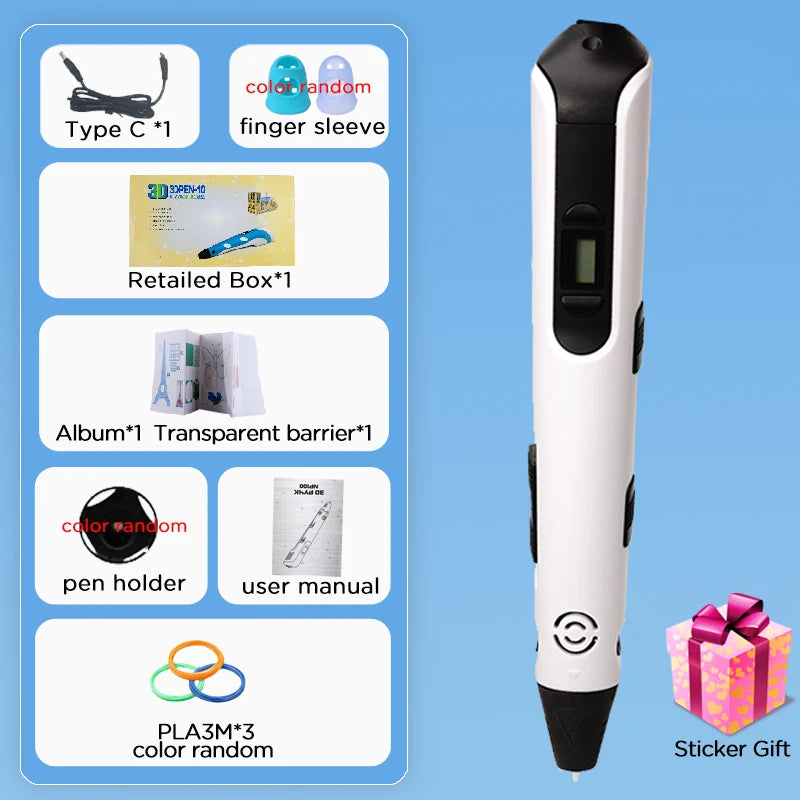 New 3D Printing Pen LCD Display Screen 1.75mm ABS / PLA Filament Kids DIY Drawing Pen Boy and Girls Christmas Birthday Gifts Vue White-9M PLA