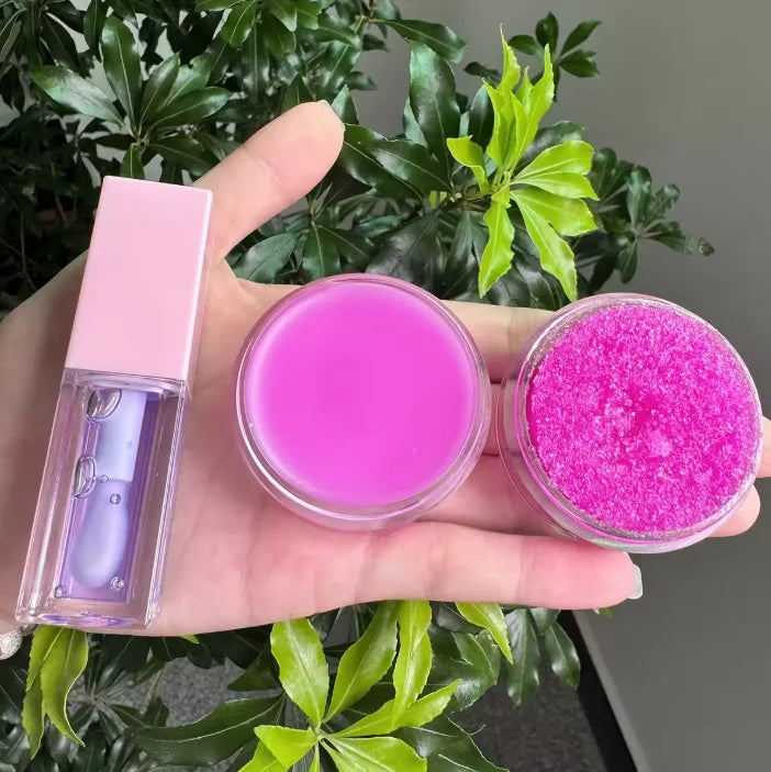 Lip Care Makeup Kit Private Label Pink Packaging Vegan Cream Balm Lip Scrub Gloss Oil Set Moisturizer Anti-Wrinkle Nourishing Vue 4 Grape 1 set sample
