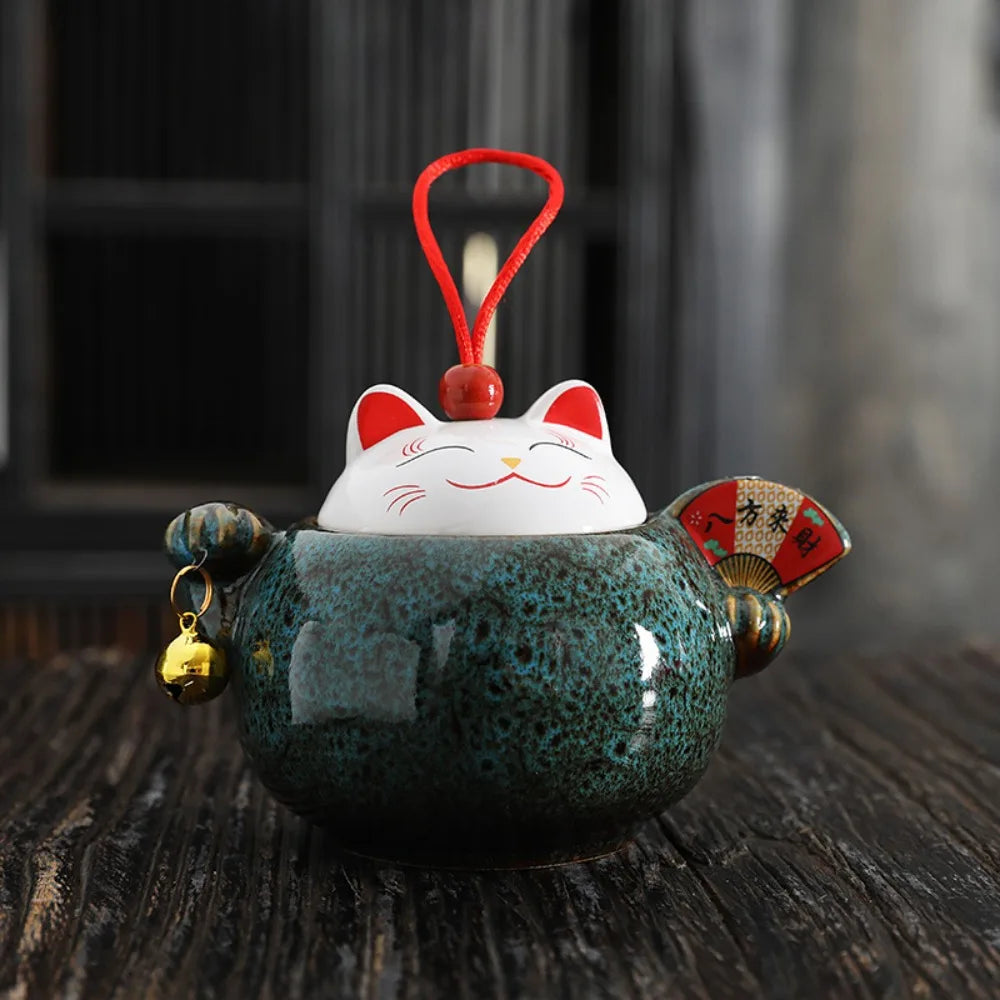 Lucky Cat Ceramic Tea Canister Cartoon Moisture Resistant Tea Sealed Jar Blessing Tea Storage Box Desktop Decoration Vue Blue L