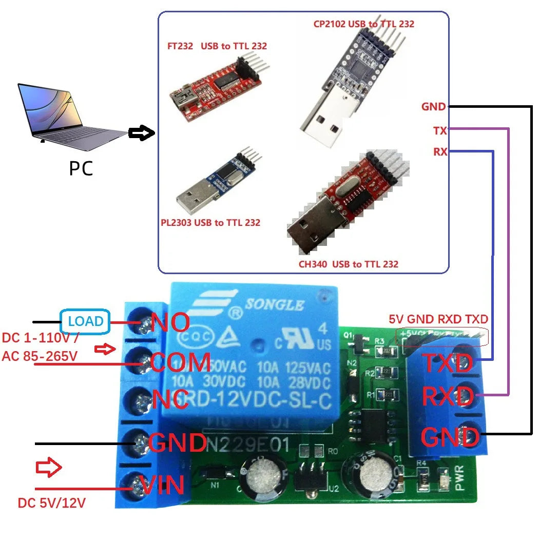 DC 5V 12V 1 Channel TYPE-C USB Relay Board RS232(TTL) PC UART Serial Port Switch Relay Module with Power Indicator Vue