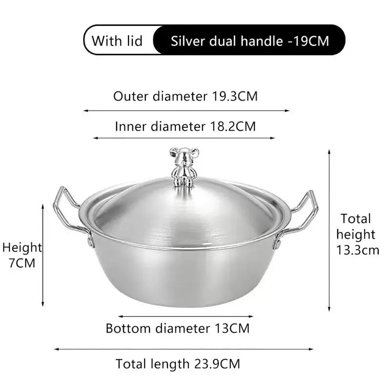 201 Stainless Steel Salad Bowl Melting Boiling Pot Instant Noodle Bowl Korean Rice Wine Bowl With Double-ear Handle Snack Basket Vue 19cm Bowl w Lid