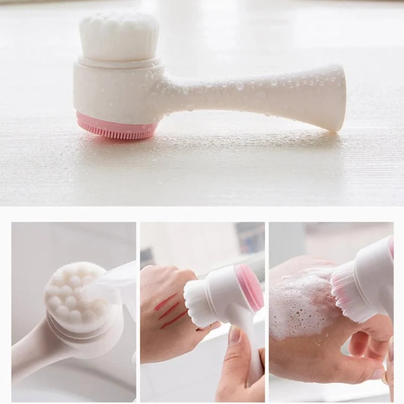 3D Double Silicone Facial Cleansing Brush Manual Massage Facial Brush Soft Bristles Exfoliator Face Wash Brush Double Sided Vue